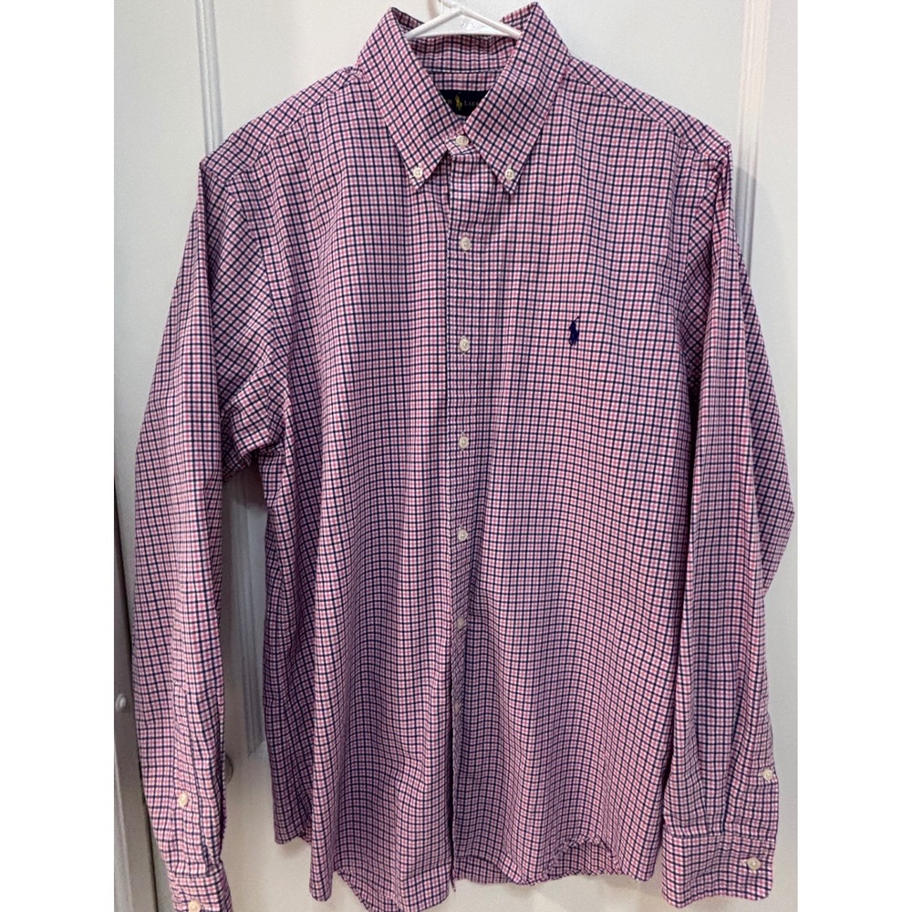 Ralph Lauren Mens Gingham‎ Check Button Down Shirt Pink Navy Blue Large